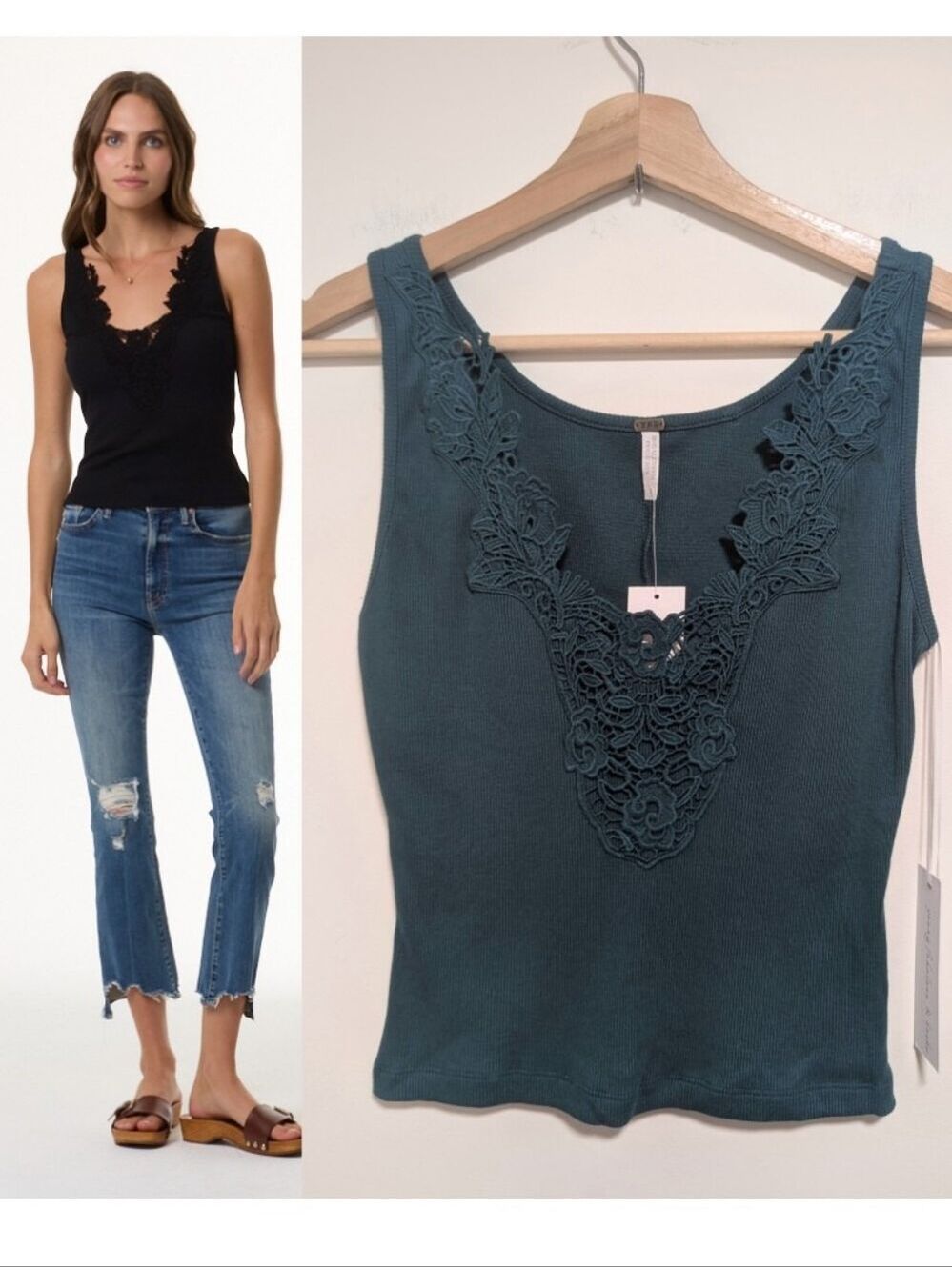 Young Fabulous & Broke | Roza Lace Embroidered Rib Tank In Teal